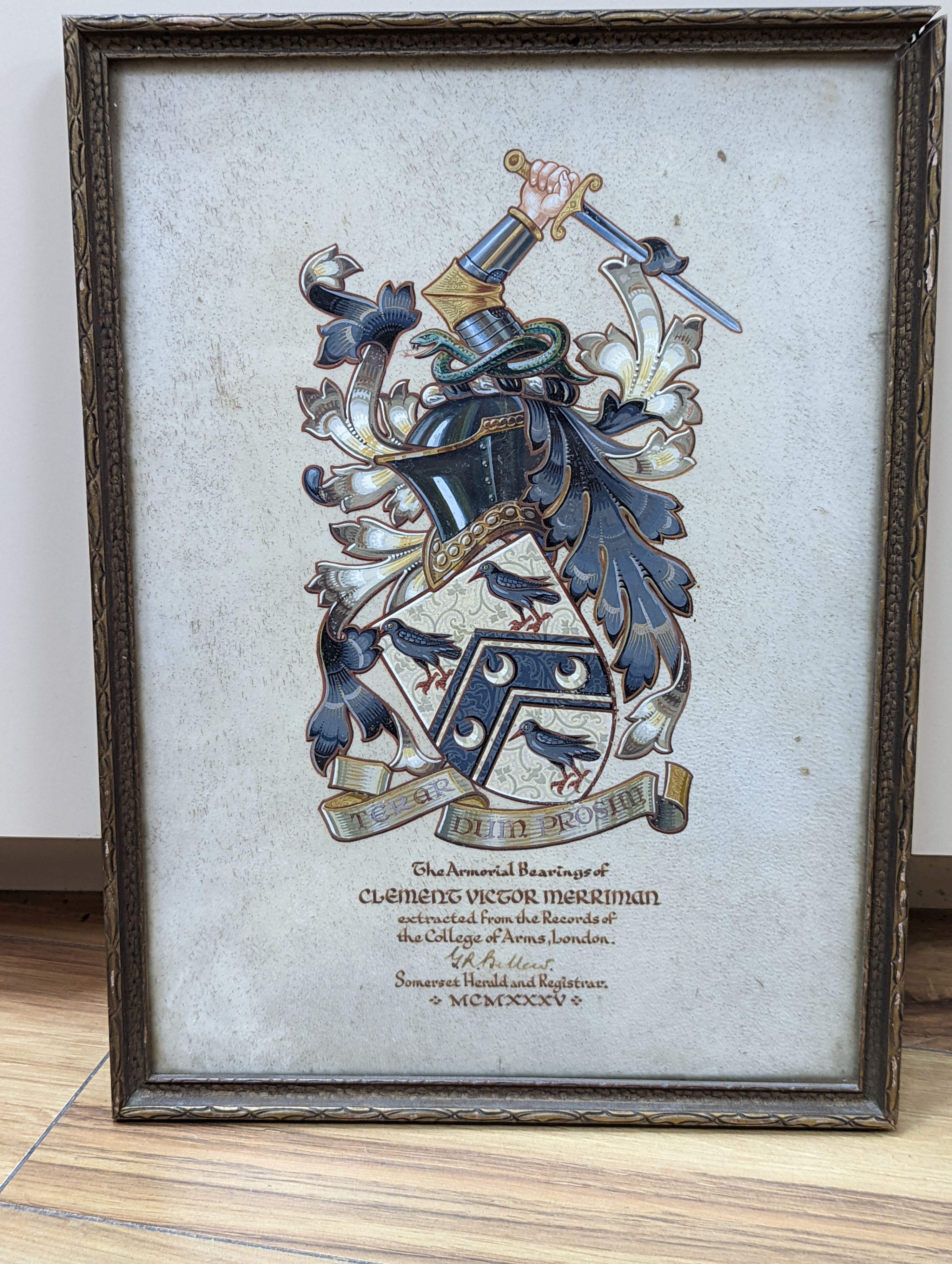 An illuminated parchment armorial, The Bearings of Clement Victor Merriman, 1935, signed by Sir George Bellew, 32 x 23cm